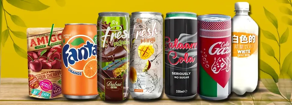 A colourful assortment of popular beverages including soft drinks, juices, and energy drinks, displayed against a vibrant yellow background with leafy accents, highlighting a variety of refreshing options.